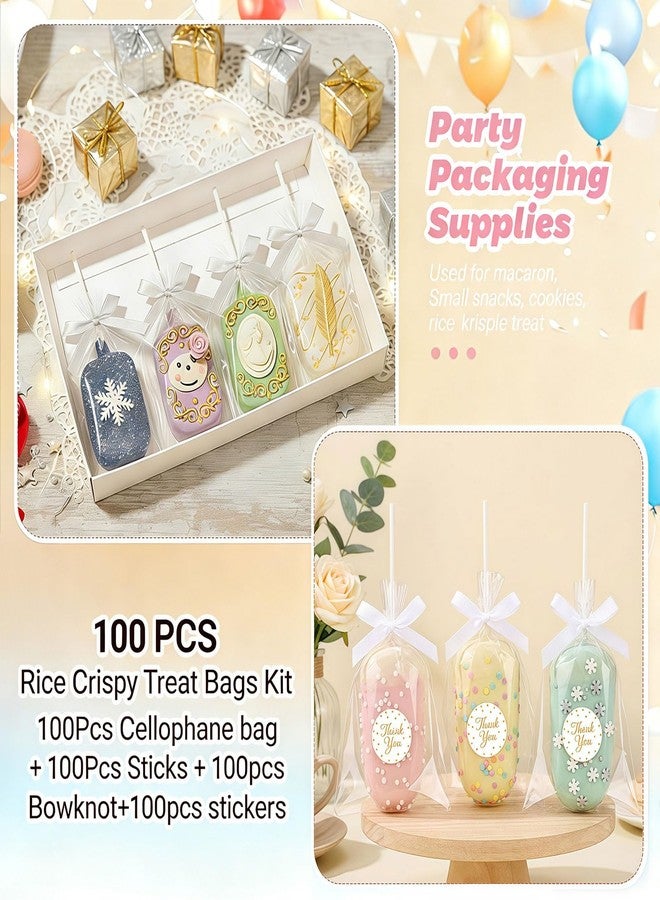 Treayes 100PCS Clear Rice Krispie Treat Bags with Ribbon Bow and Thank You Stickers, Flat Cellophane Bags for Individually Wrapped Cake Pops, Cakesicles,Candies, Chocolates, Marshmallow, Macarons, Cookies(White) - Image 3